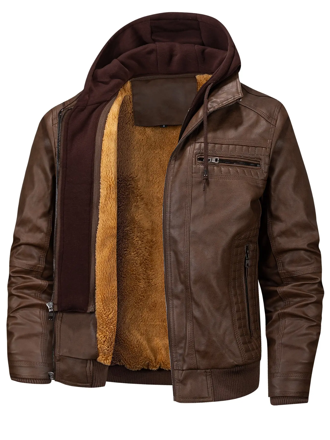 Men's PU Leather Jacket with Large Pockets, Stain-Resistant and Windproof, Thickened for Warmth, Long Sleeve Street Style Outerwear