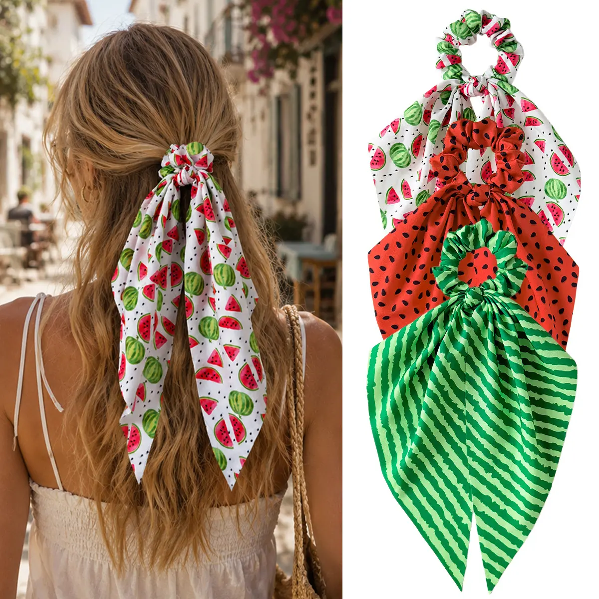 Cute Summer Watermelon Print Ribbon Scrunchies for Women Elegant Bow Decor Sweet Hair Ties Ponytail Daily Hair Accessories