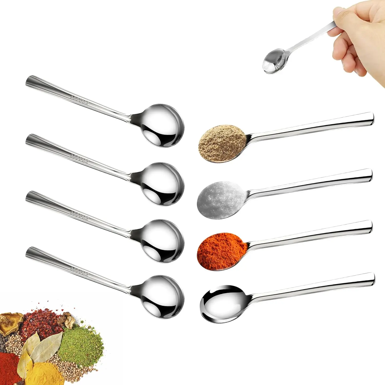 3.93" Mini Spoons 8pcs, Tiny Stainless Steel Spoon for Spice Jars, Small Seasoning Spoon for Spices, Salt, Sugar, Honey, SUS 304 Food Grade Serving Spoons
