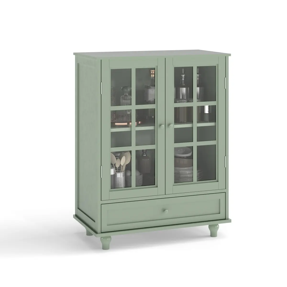 Mint Green UV Painted MDF Wood Sideboard Cabinet - Indoor Vintage Durable Single Unit Storage Buffet with 2 Tempered Glass Sliding Doors, 1 Drawer, Adjustable Shelves, Smooth-Gliding Mechanism, Simple Setup for Living Room, Dining Room (Assembly Required)