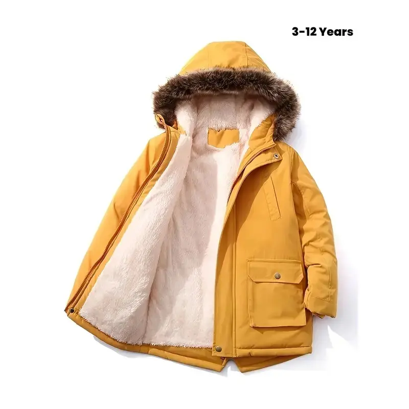 Boys Trench Coat, Winter Thickened Fleece‑Lined Outerwear With Faux Fur Collar And Spacious Pockets, Fashionable Cold‑Weather Jacket, Durable Warm Fabric,For Boys Ages 4‑11, Suitable For Daily Outings, School Days