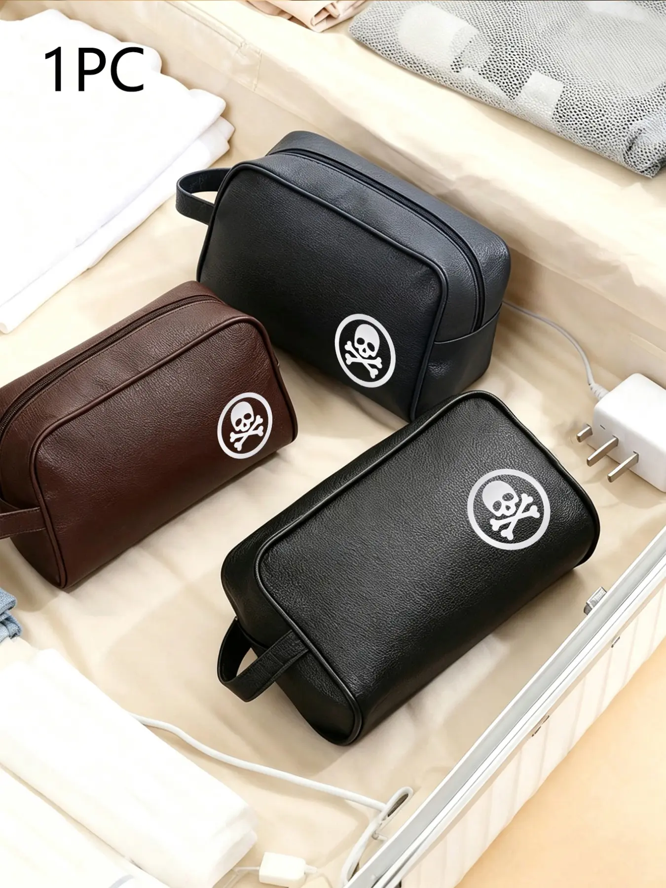 Punk Skull Crossbones Print PU Toiletry Bag, Waterproof Large Capacity Wash Organizer, Travel Gym Business Trip Bathroom Storage