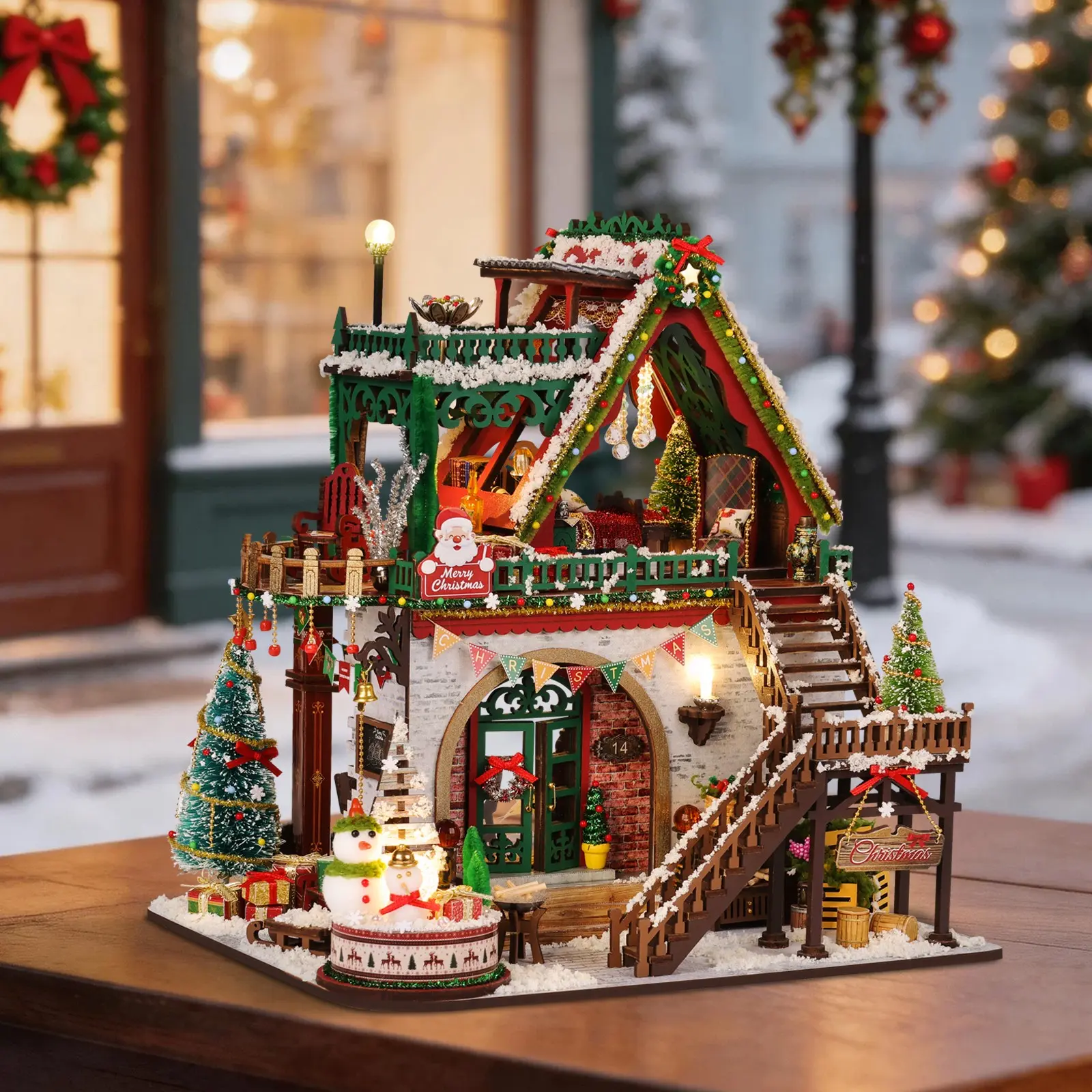 Handmade Christmas Wooden House Model, Romantic Holiday Desk Decor, Mini Home Set, Adult Wood 3D Puzzle with LED Light, Creative Gift