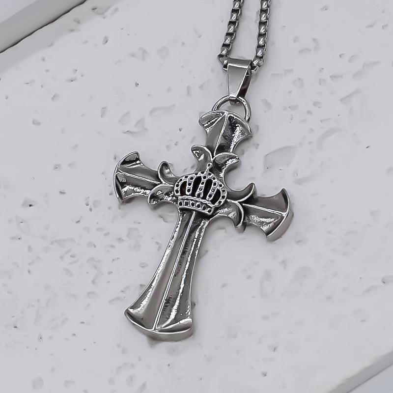 Stainless Steel Necklace, Stylish Light Luxury Cross & Crown Pendant, Versatile Necklace for Men and Women