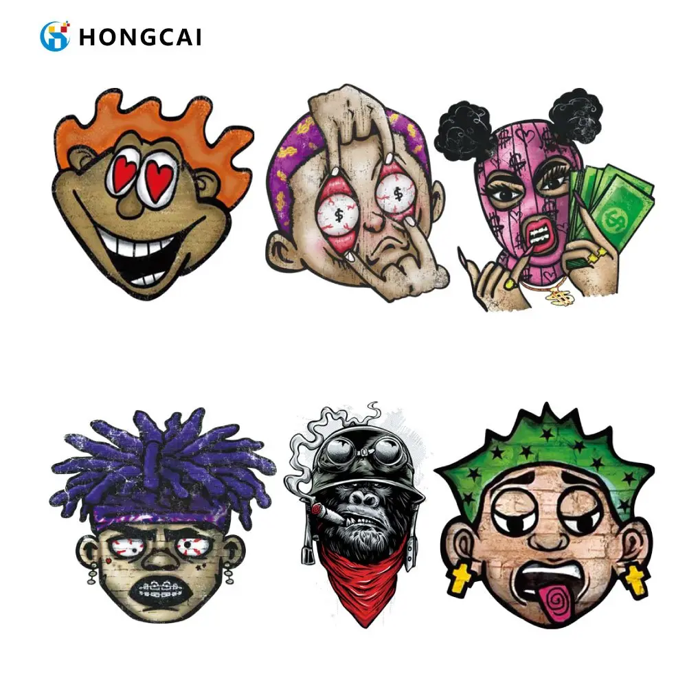 6Pcs retro hip hop iron-on stickers with graffiti figures. Easy to use for clothes and backpacks.