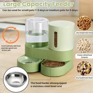 2-in 1 Automatic Cat Feeder Stainless Steel Water Dispenser Gravity Food Feeder and Waterer Set with Pet Food Bowl for Small Medium Kitten Puppy Pets Large Capacity