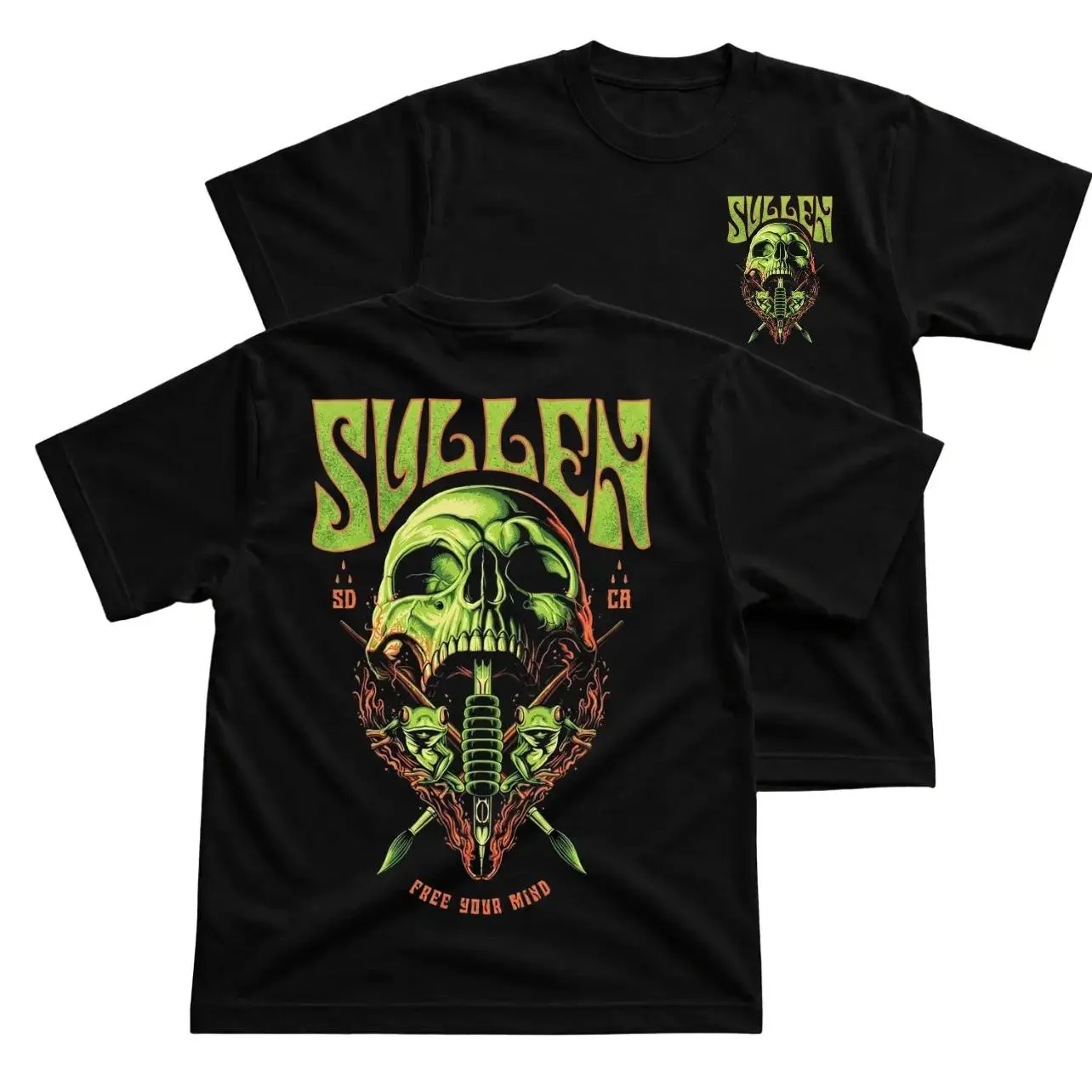 Sullen Free Your Mind Tattoo Style T-Shirt, Gothic Skull Graphic Tee, Green Skull Back Print Shirt, Front Chest Sullen Logo Tee, Dark Streetwear Art Apparel, Bold Biker Graphic Gift For Men