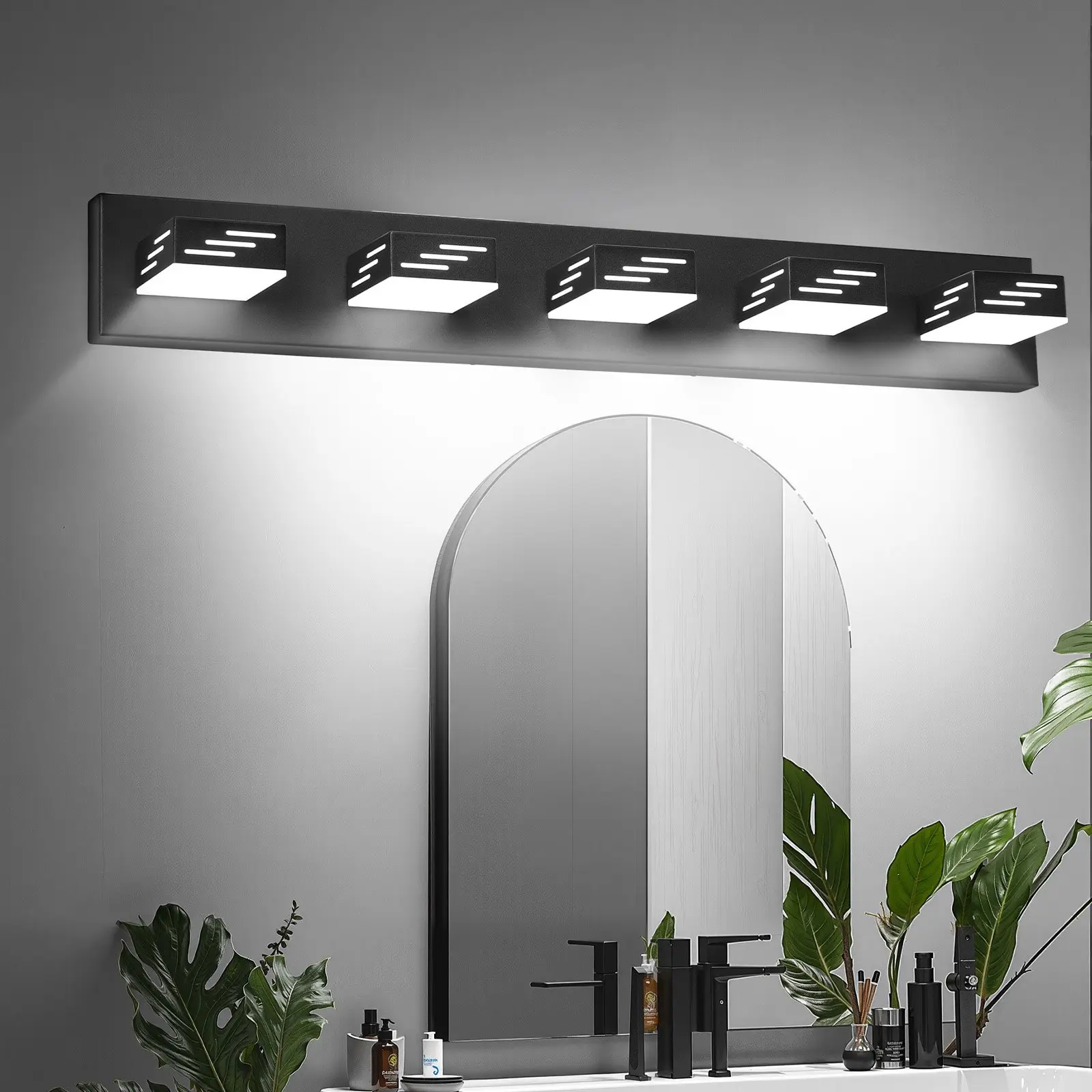 VEVOR Iron 5-Heads 8W LED Contemporary Wall-Mounted Vanity Light Fixture, 33.46-in Black Square 360° Rotatable Rotational Head Mount, IP44 Waterproof, 6000 Daylight for Bathroom