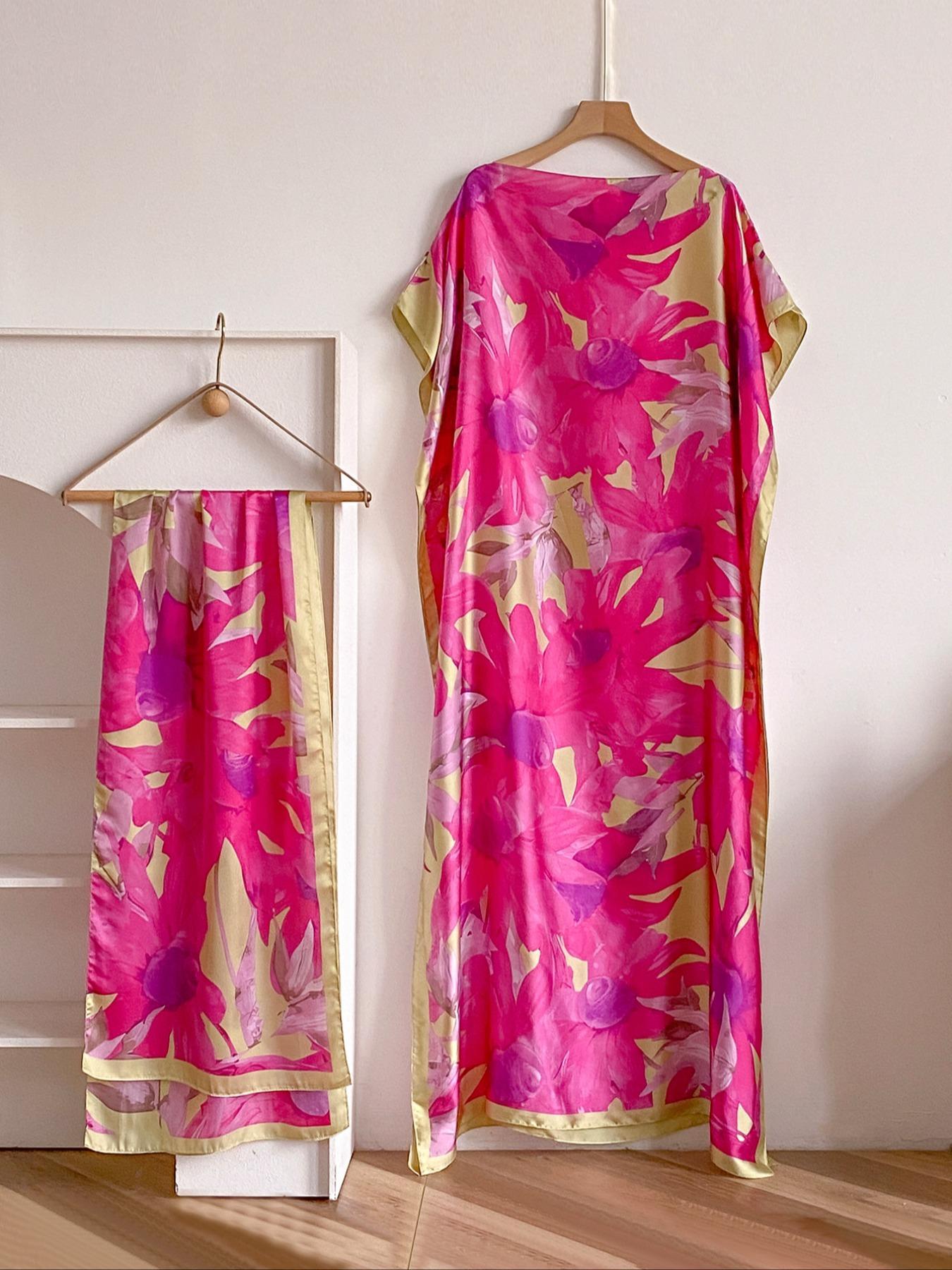 Women's Peacock Print Cape Shawl & Scarf Set, Elegant Beach Cover-Up For Holiday Vacation, Swimsuit Cover Up