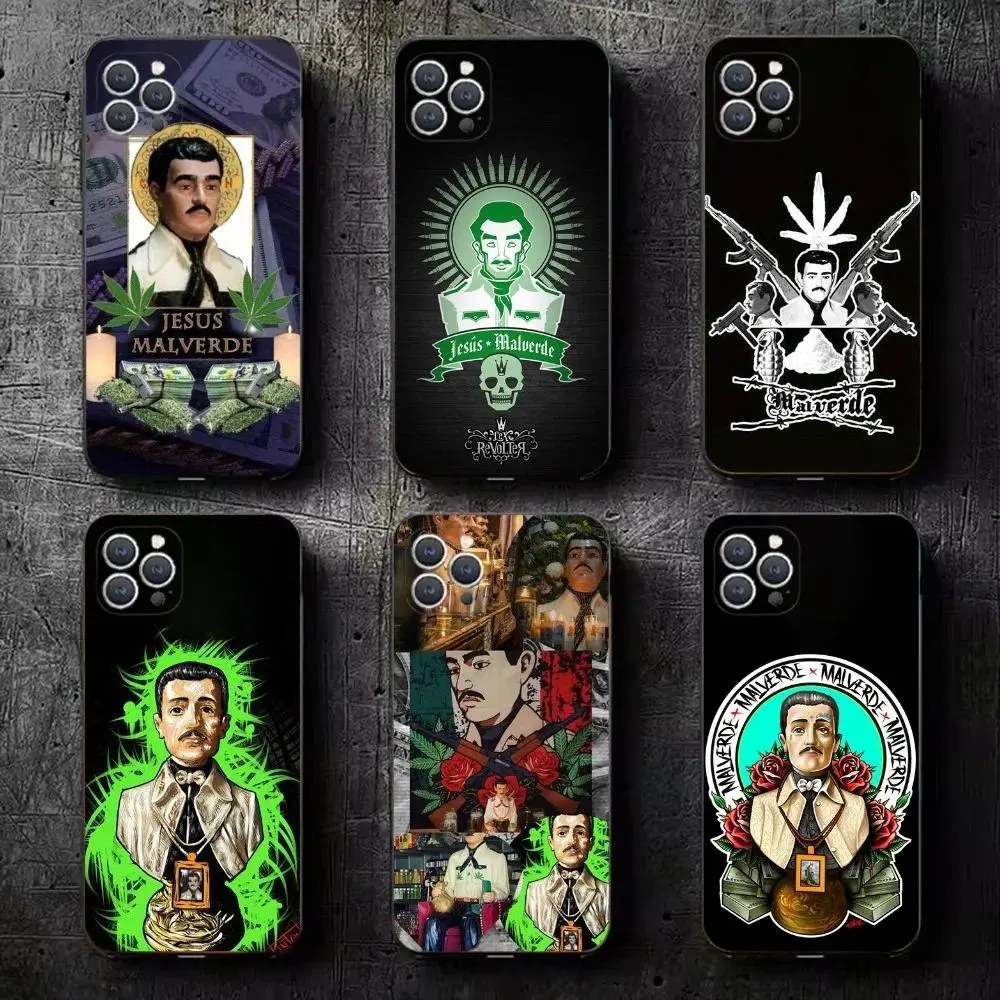 Jesus Malverde Printed Pattern Smartphone Casing, Black Soft Silicone Religious Art Protective Cover, Personalized Handheld Portable Devices Accessory for iPhone 11-17 Pro Max/Plus & Samsung Galaxy S23-S25