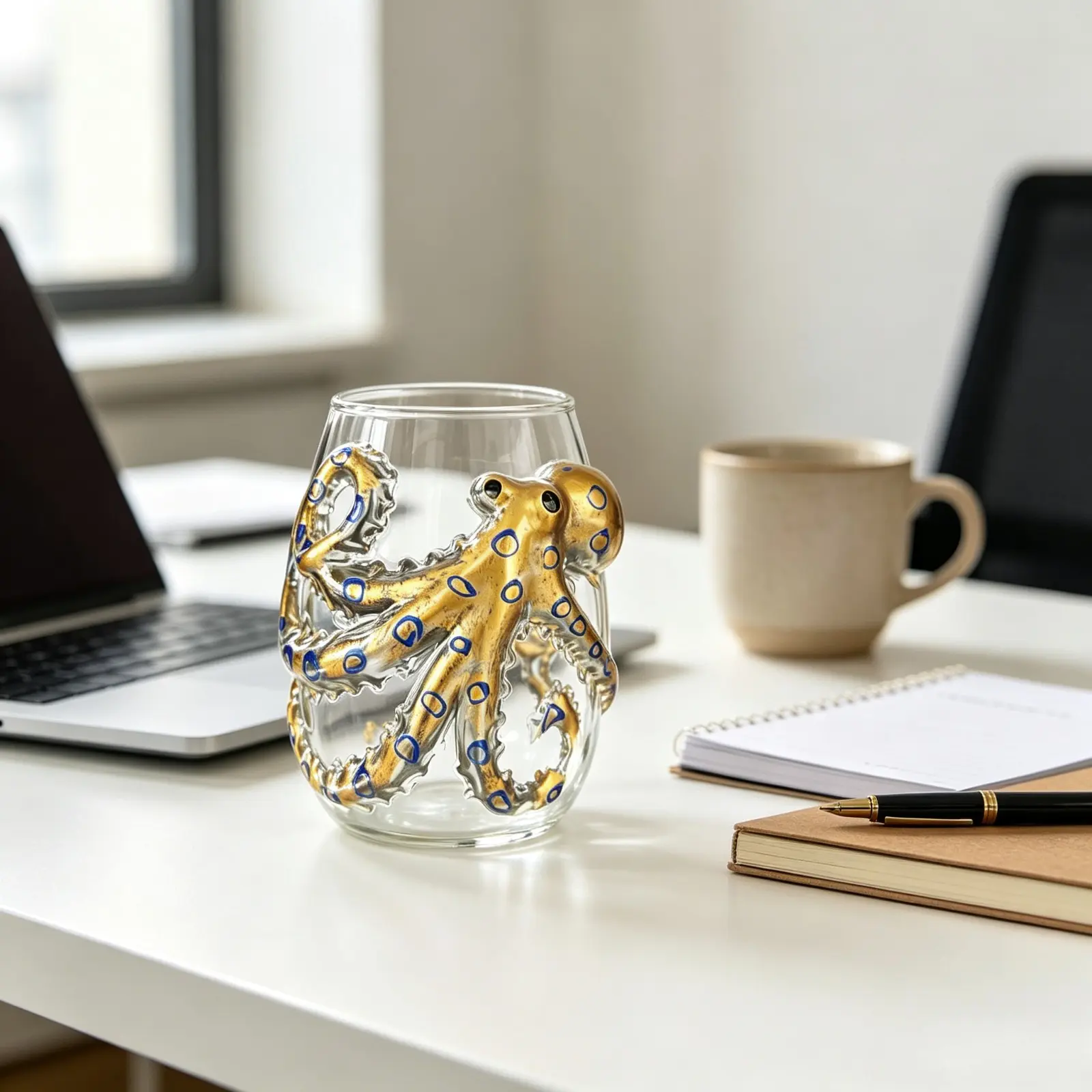 Artisanal Blue Ringed Octopus Glassware, 3D Octopuses Stemless Wine Glasses, Handcrafted Marine Animal Bar Glass, Cute Wine Glasses for Coastal Home Decor Ocean Lovers (Octopus-A)