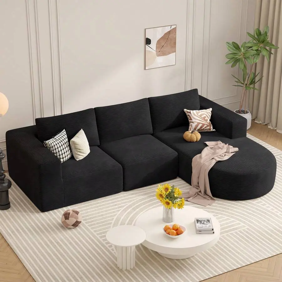 Modular Sectional Sofa With L-Shaped Recliner, Corduroy, Cloud Shaped Modern Sleeper Sofa With Deep Seat, Sponge Compression Sofa No Assembly Required