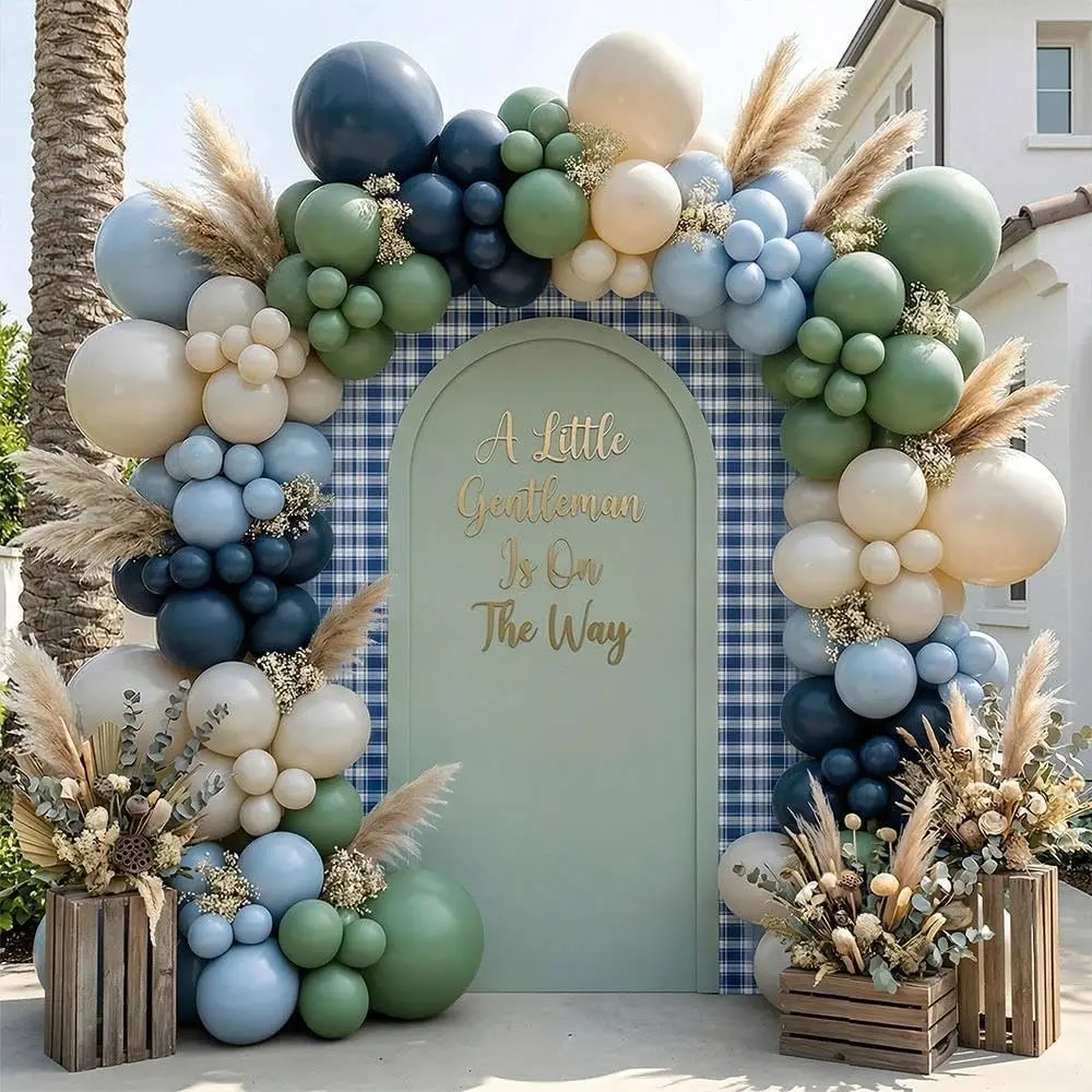 Double Stuffed Navy Blue & Sage Green Balloon Garland Arch Kit, Multi-size Matte Dusty Blue Sand Latex Balloons for Baby Shower,Gentleman Party,Birthday,Fathers Day,Graduation,Coastal Wedding