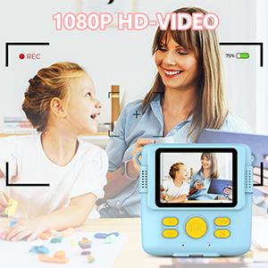 Kids' Compact Instant Print Camera - 1080P HD Digital Video Camera, 3-12 Age Christmas/Birthday Gifts, 3 Rolls Photo Paper, 32GB Card, Lanyard, Type-C USB, Colorful Pens, Large Screen, Soft Plastic Portable Toy - Blue