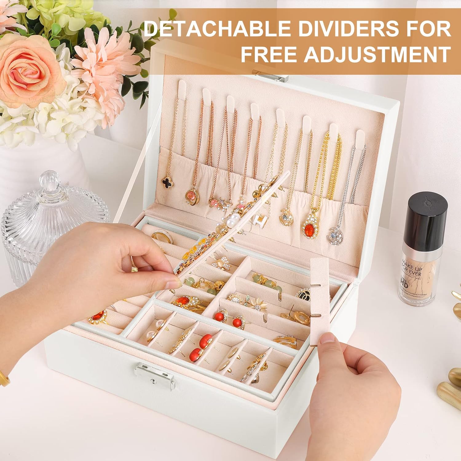 Jewelry Organizer Box PU Leather Jewelry Box for Girls Womens Earring Organizer Boxes 2 Layer Large Jewelry Storage Case Removable Tray for Necklace Earring Ring with Polishing Cloth and Jewelry Bags