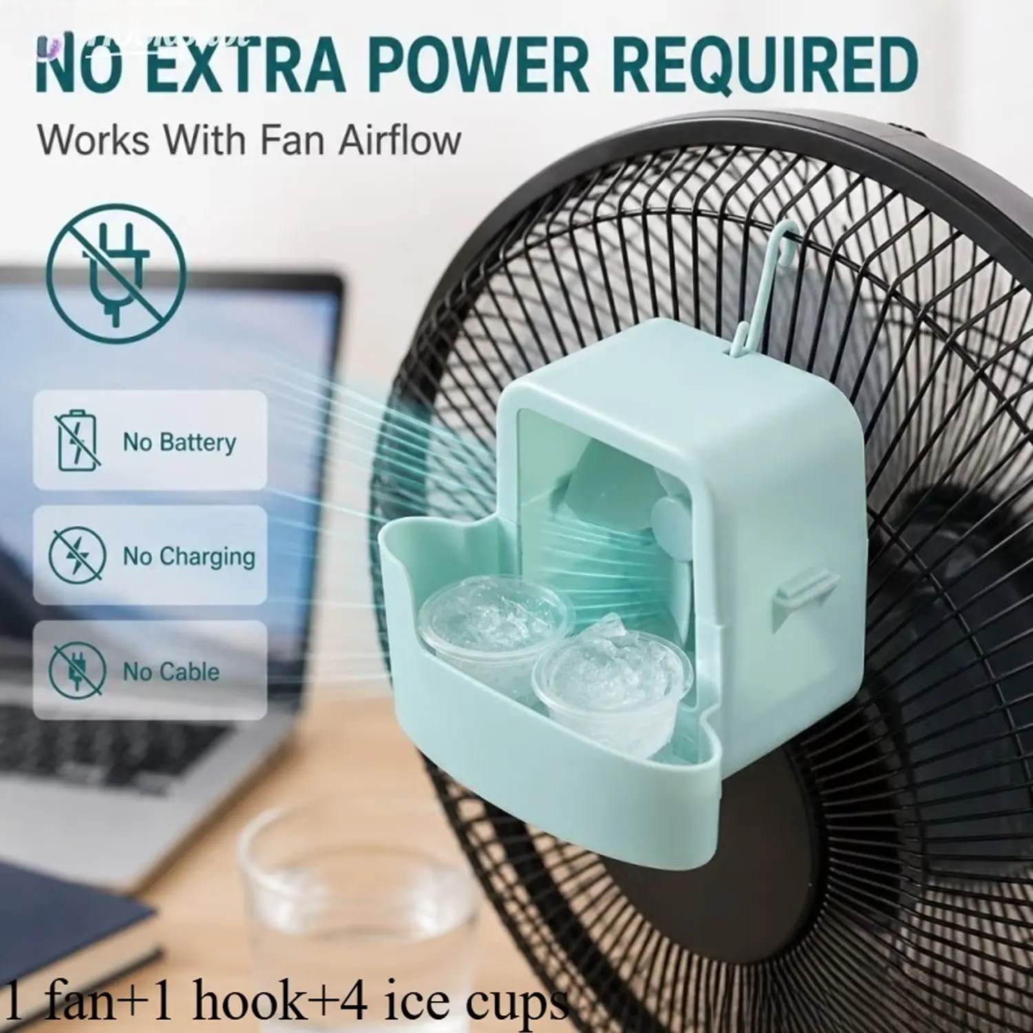 Portable Fan Cooling Kit with 4 Reusable Ice Cups and Hook, No Power Needed, Swivel Design, Efficient Summer Cooling for Handheld and Floor Fans