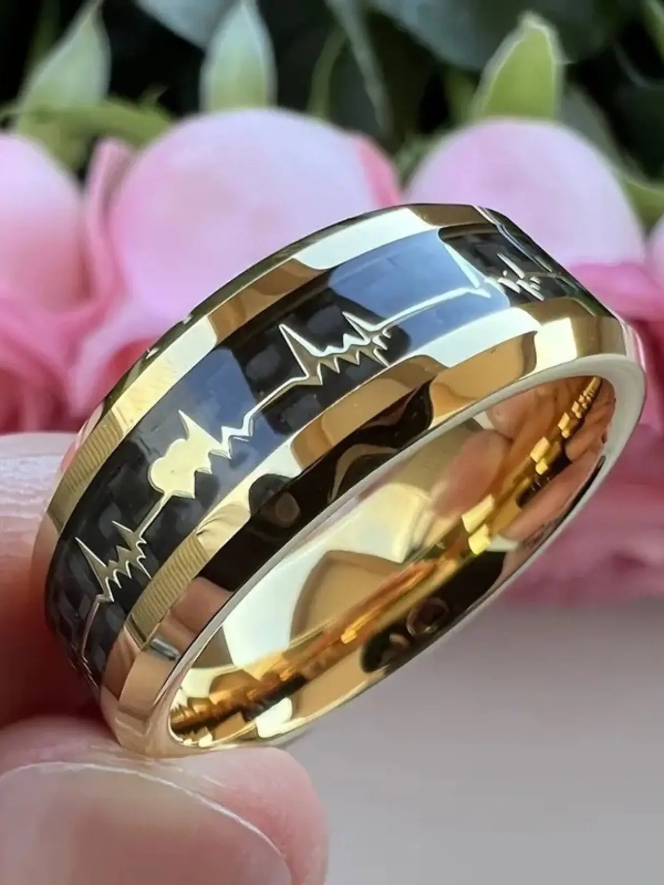 Heartbeat Signal Tungsten Ring, Elegant Carbon Fiber Ecg Band, Non-Fading, Perfect Gift for Valentine's Day and Birthdays, Beautiful Rings, Jewelry Rings