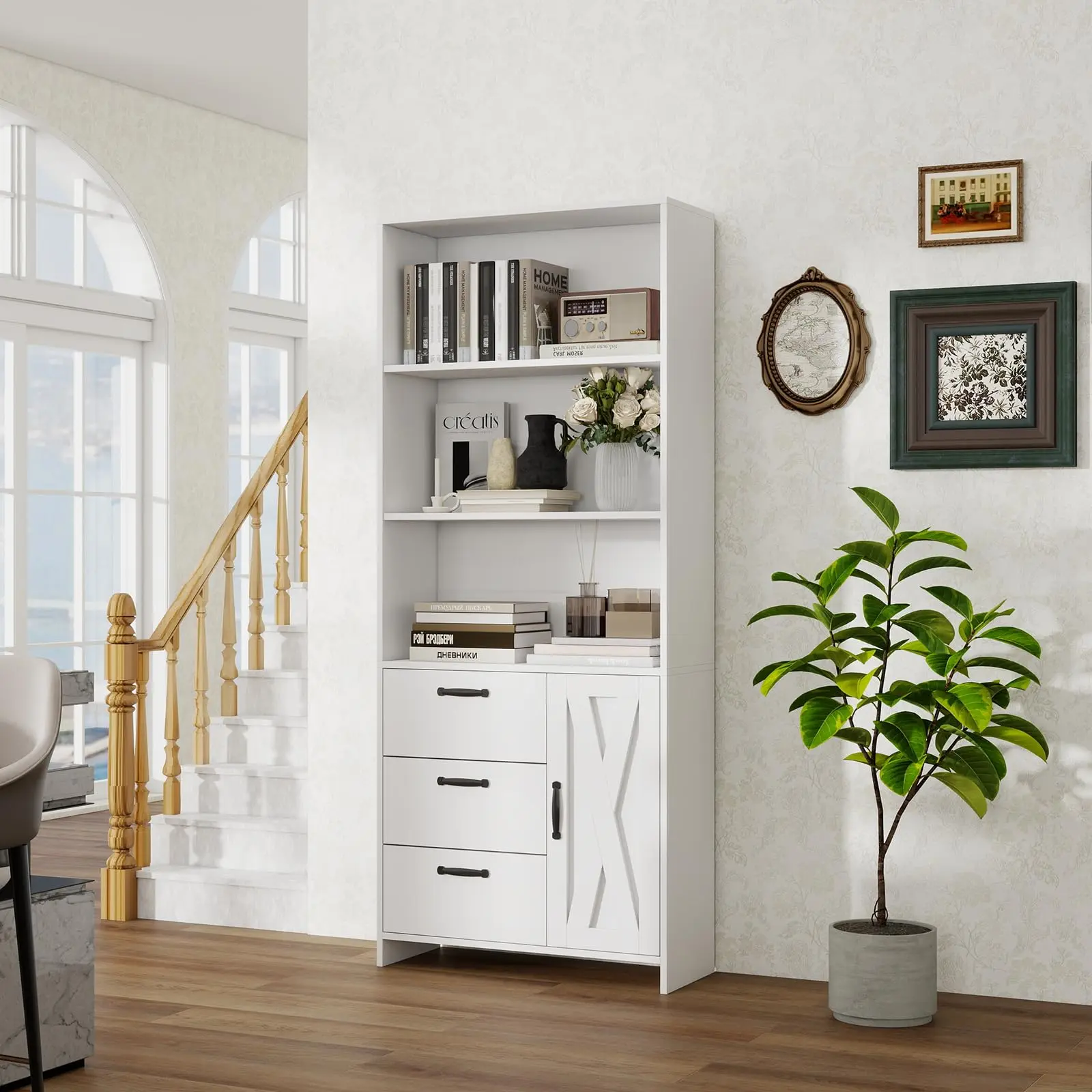 Garvee 6-Tier Bookshelf with Door and 3 Drawers, 71" H Tall Bookcase with 3-Tier Open Shelves, Wooden Book Shelf with Storage Cabinet for Home Office, Living Room, Bedroom, White