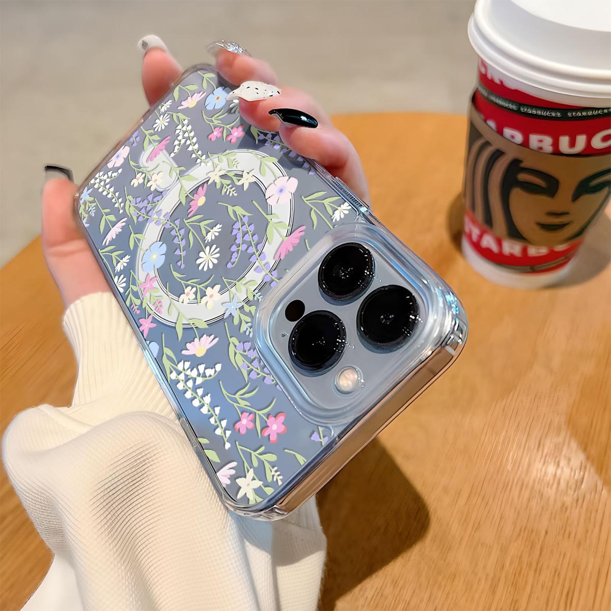 Wild Floral Pattern Magnetic Clear Compatible with MagSafe Shockproof Protective Phone Case Cover for iPhone X 11 12 13 14 15 16 17 Pro Max Plus Air 17e