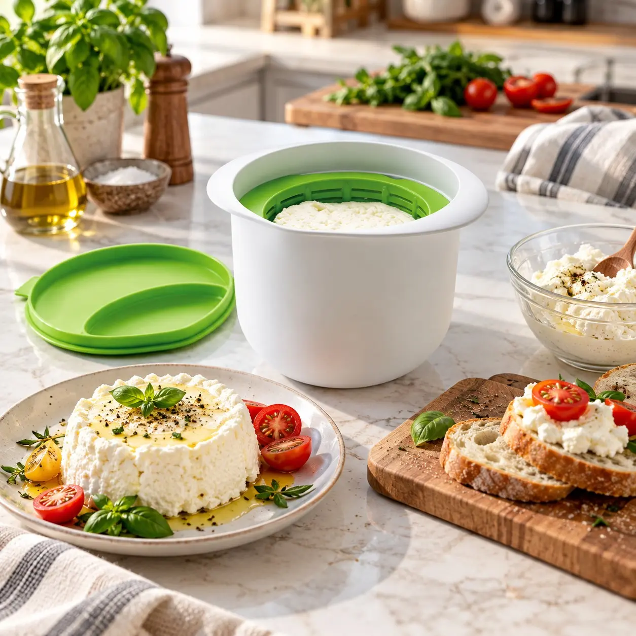 1Pcs Reusable Green Cheese Mold Kit with Press, Filter & Drain Basket, Multifunctional DIY Cheese Tofu Maker, Kitchen Set for Homemade Cheese, Yogurt and Tofu