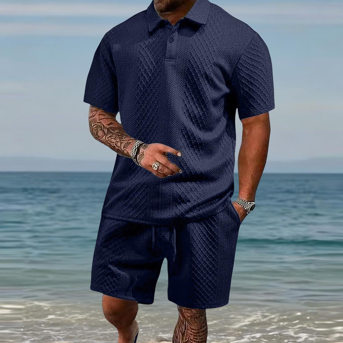 Men's summer casual texture fabric solid color polo shirt T-shirt shorts 2-piece set, loose fit suitable for casual sports, breathable and cool, essential summer outfit, comfortable and versatile  Menswear Plain