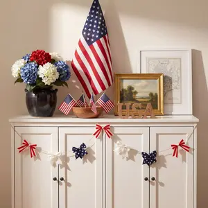 6.5 Ft Patriotic Cloth Bow Garland - America's 250th Anniversary 4th of July Decor, Indoor-Outdoors Home Party Wall Hanging Ornament Supplies
