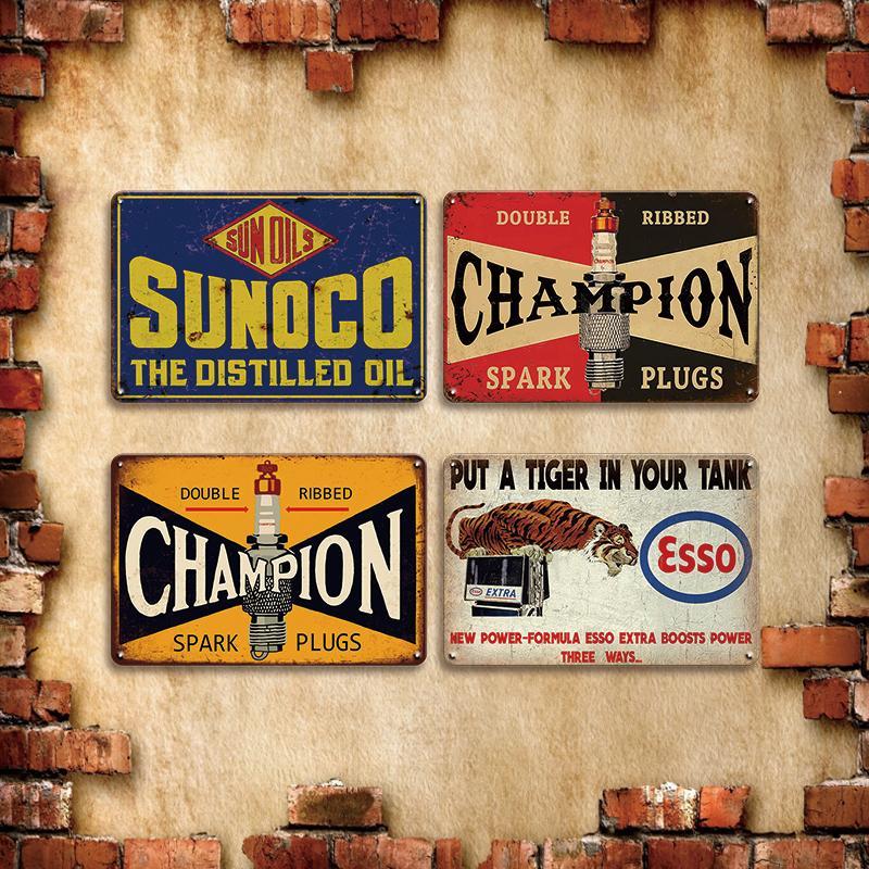 Vintage Gas & Oil Metal Tin Sign, 4 Counts/set Rustic Metal Wall Art for Gas Station, Bar, Garage, Man Cave Decor, Home Decor, Home Decor Products