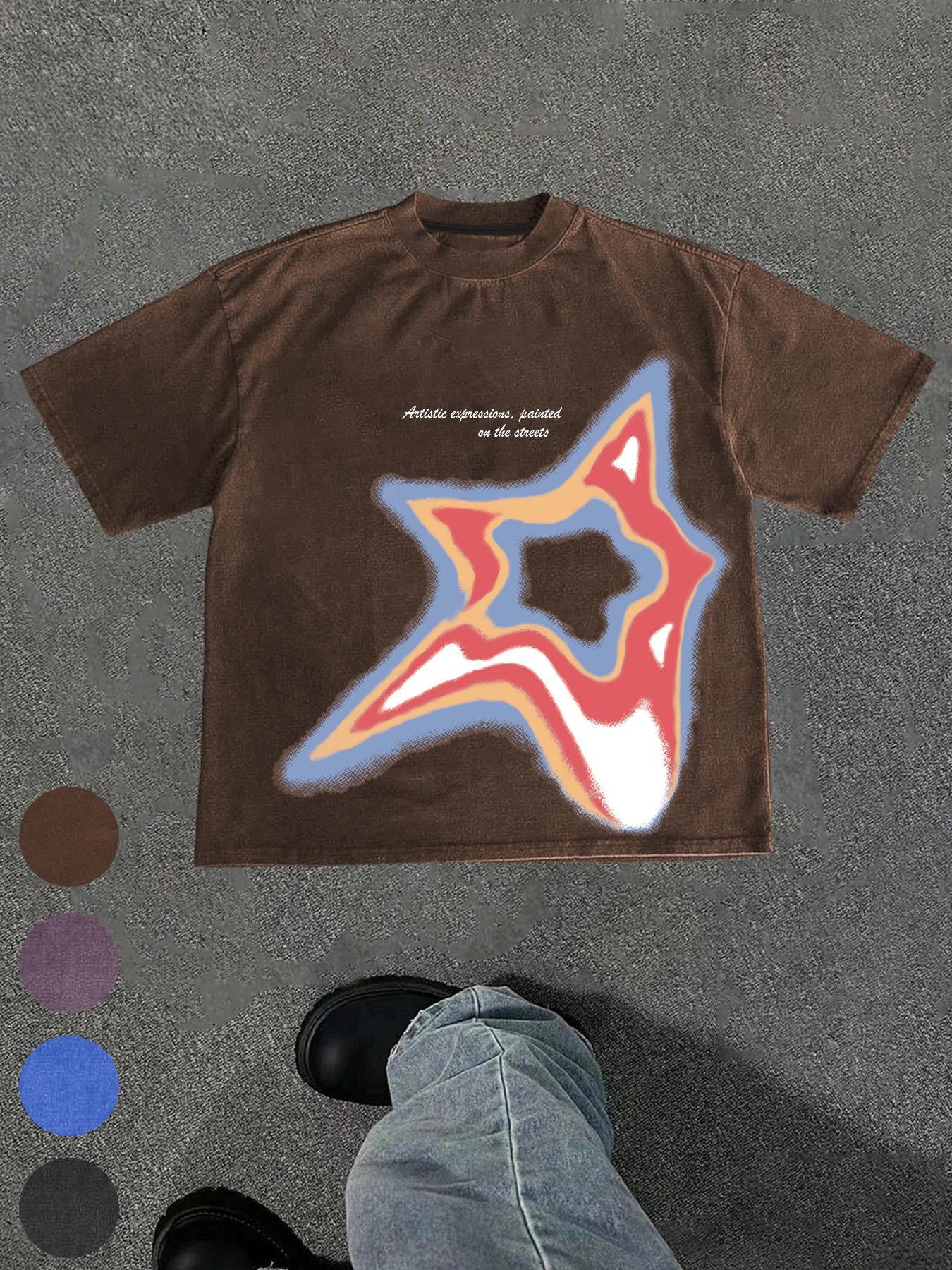 Men's Star Print Round Neck Tee, Regular Fit Casual Street Short Sleeve T-shirt for Summer, Men's Top for Daily Wear, Streetwear