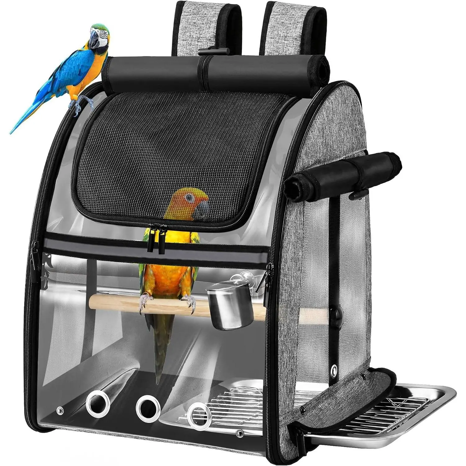 Portable Grey Bird Travel Carrier Bag with Indestructible Stainless Steel Mesh, with Stand, Easy to Clean Portable Parrot Backpack Travel Cage for Outdoor Travel
