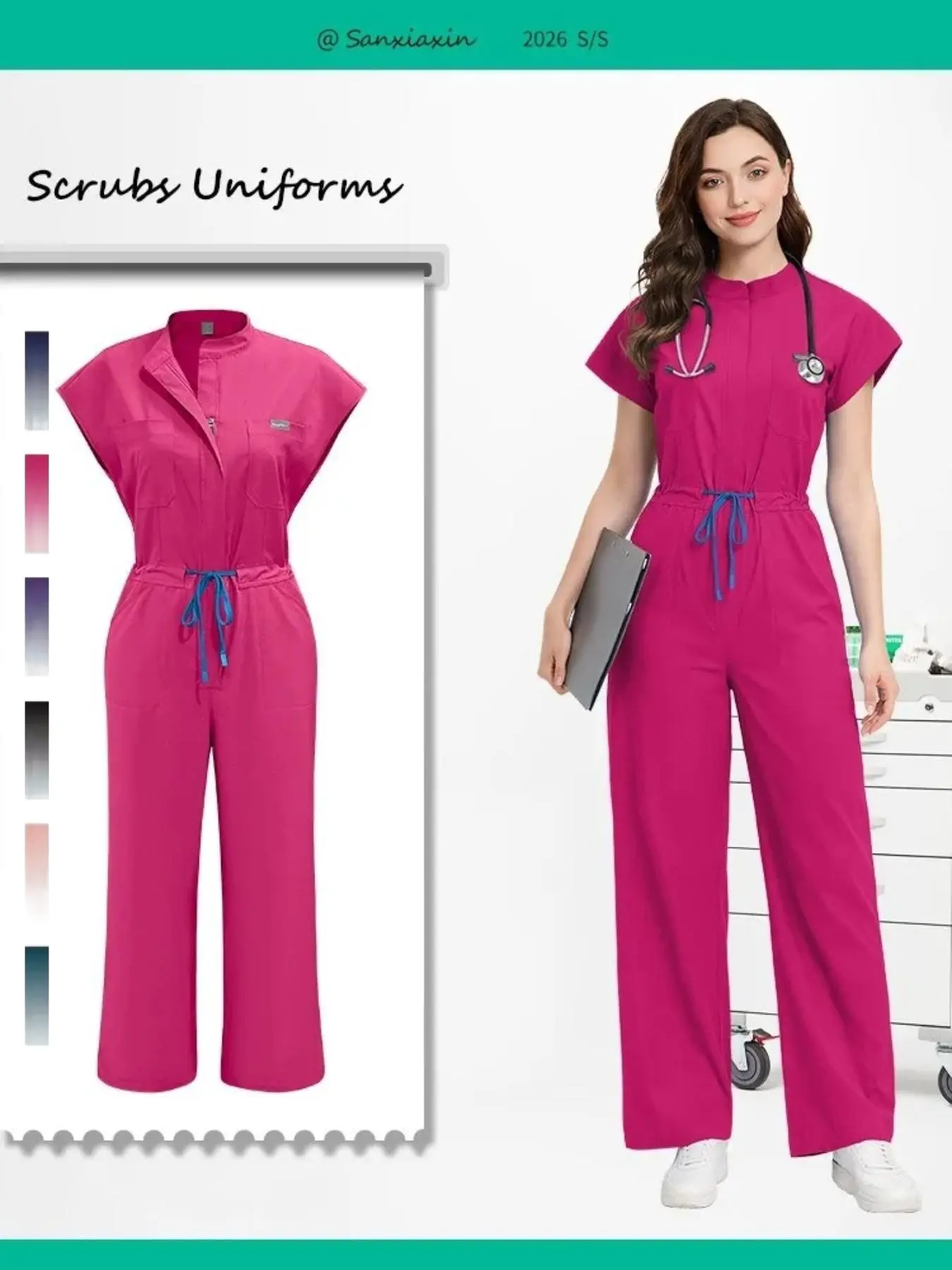 Women's Multicolor Surgical Jumpsuit, Casual Short-Sleeve Clinical Scrub, Medical Scrubs with Pockets, One-Piece Uniforms for Doctor, Nursing and Pet Hospital Workwear