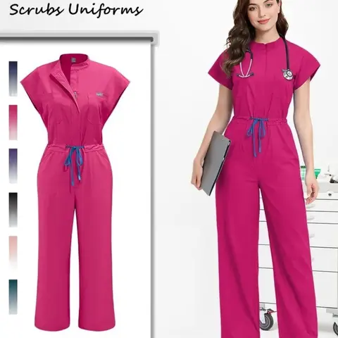 Women's Multicolor Surgical Jumpsuit, Jumpsuits with Pockets, Casual Short-Sleeve Clinical Scrub with Pockets, One-Piece Uniforms for Doctor, Nursing and Pet Hospital Workwear
