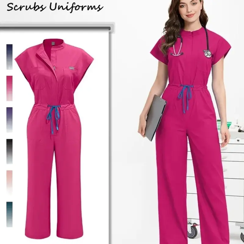 Women's Multicolor Surgical Jumpsuit, Jumpsuits with Pockets, Casual Short-Sleeve Clinical Scrub with Pockets, One-Piece Uniforms for Doctor, Nursing and Pet Hospital Workwear