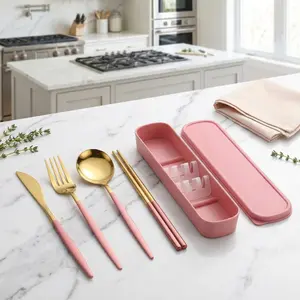 Stainless Steel Cutlery Set with Storage Box, 4 Counts Portable Reusable Utensils Set for Home Office School Camping Travel, Household Tableware for Daily Use, Gold Cutlery Set,UU