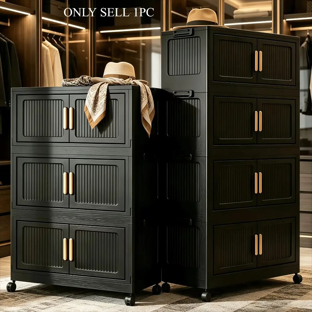 Stackable wardrobe storage cabinets, 3/4/5-tier black large-capacity movable storage cabinets, convenient foldable plastic wardrobe organizers, double-door organizing storage boxes, space-saving portable wardrobe with lid and door, Folding Plastic Cabinet