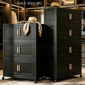 Stackable wardrobe storage cabinets, 3/4/5-tier black large-capacity movable storage cabinets, convenient foldable plastic wardrobe organizers, double-door organizing storage boxes, space-saving portable wardrobe with lid and door