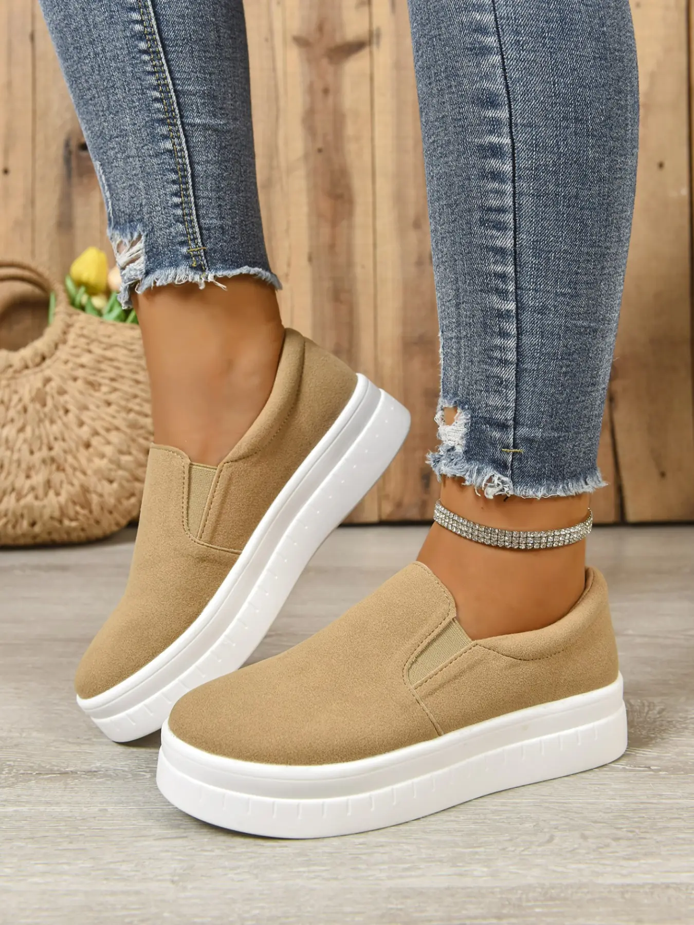 Grainy Thick Sole Lazy Oxford Shoes, Elastic One-Step Slip-On Anti-Slip Casual Board Sneakers, Comfortable Round Toe Textile Shoes