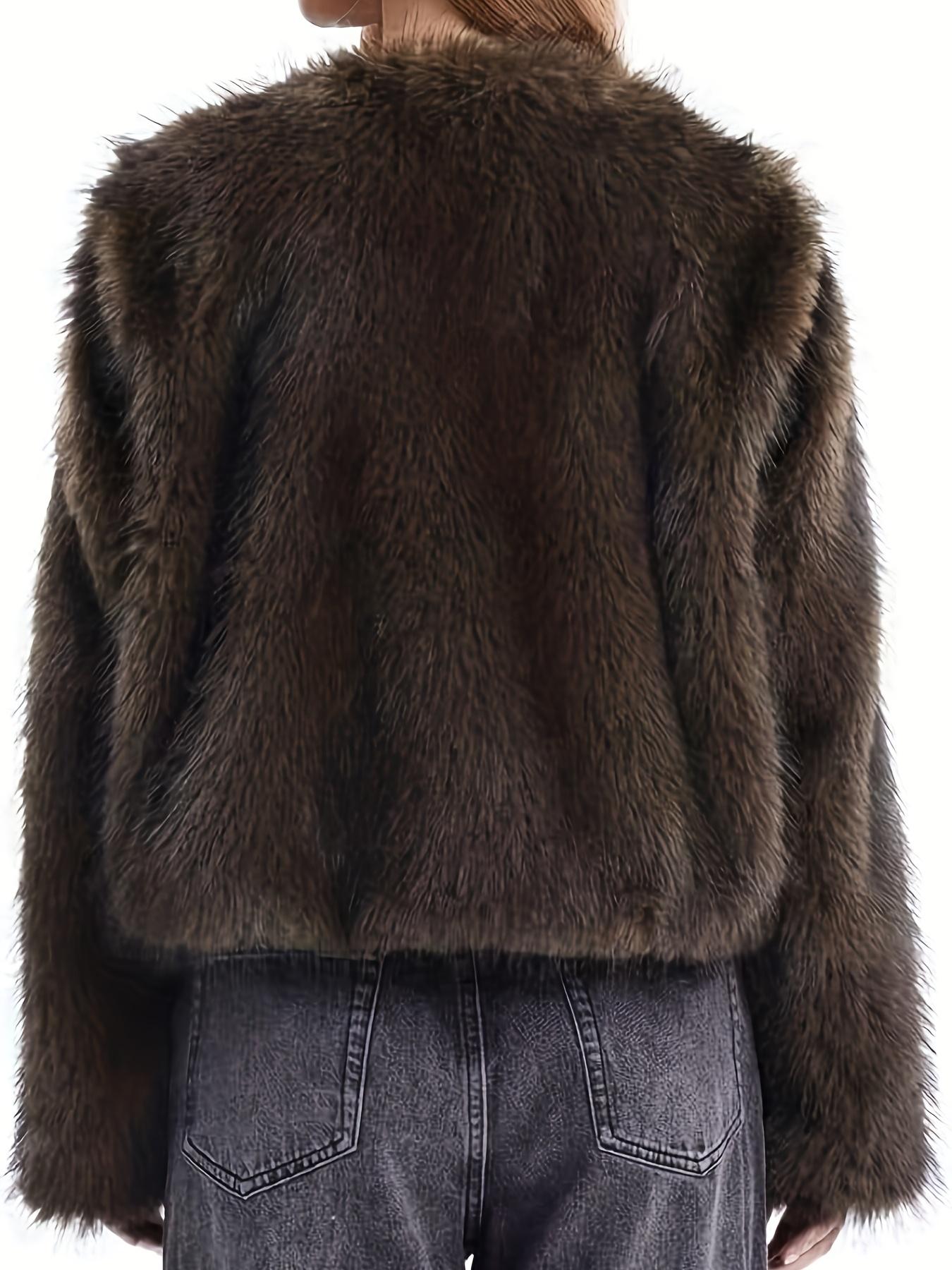 Women's Short Faux Fur Jacket - Brown Winter Coat with Pockets, Collar & Single-Breasted Closure, Hand Washable Synthetic Outerwear for Casual & Business, Short-Length Warm Coat - Fall/Winter Blazer