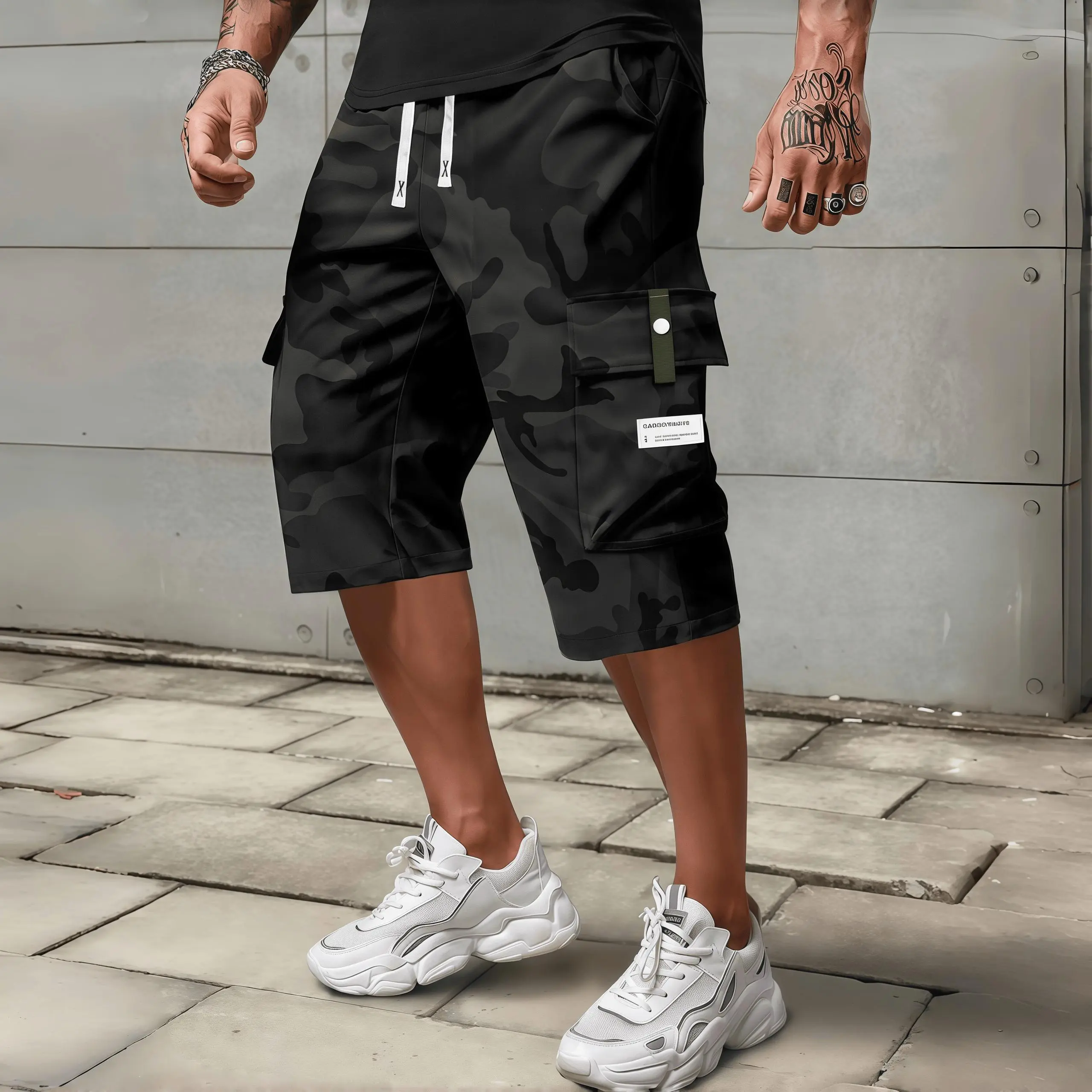 Men's Multi-Color Camouflage Work Shorts, High Stretch Elastic Drawstring Waist, Loose Fit Multi Pockets Outdoor Casual Cropped Pants for Summer
