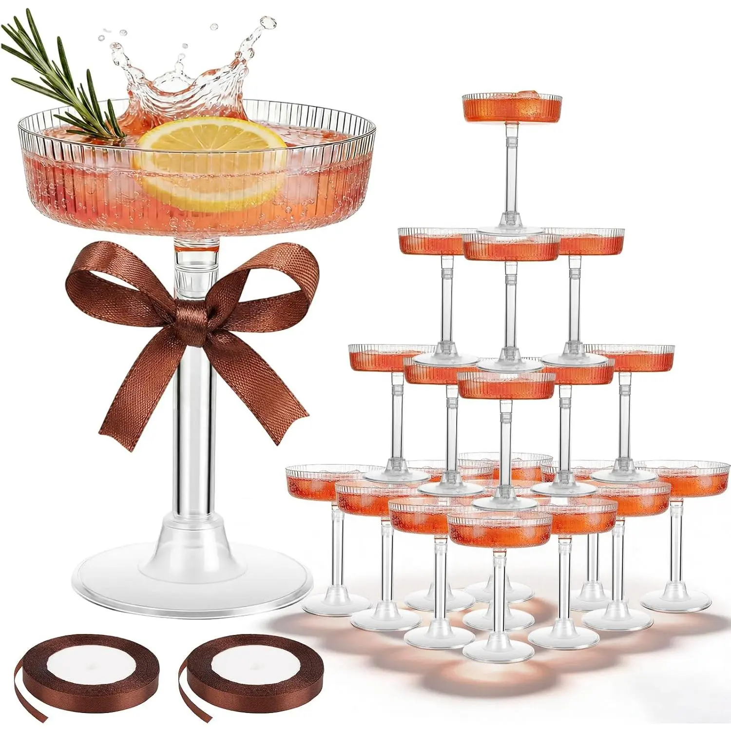 20 count Ribbed Martini Glasses with 2 Rolls of Decorative Ribbon, 5oz Disposable Coupe Glasses, Detachable  Glass Dessert Champagne Glassware for Wedding Birthday Party