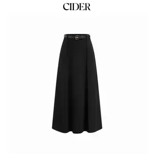 Cider Stretchy Mid Rise Solid Maxi A-line Skirt With Belt