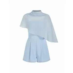 Cider High Neck Asymmetrical Cloak Sleeve Poncho Top & Mid Rise Romper Set