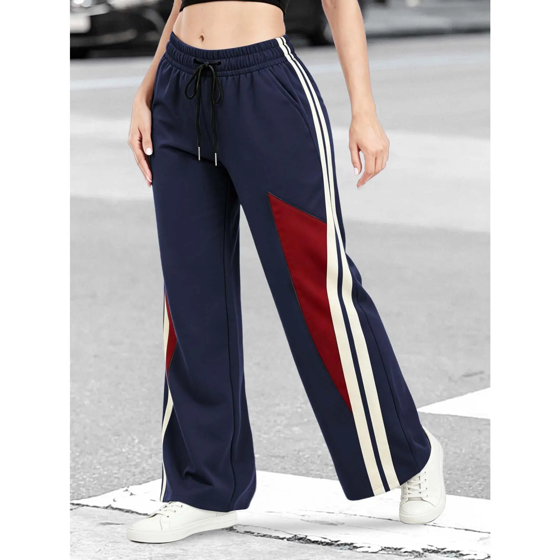 Women's Dual Side Stripes Spliced Athleisure Wide Leg Pants, Thin Breathable Elastic Waist Trousers for Spring Autumn Travel & Everyday Casual Looks