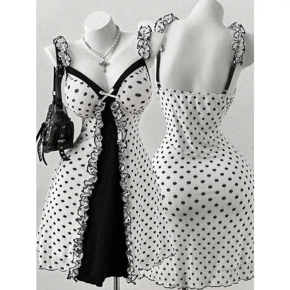 Plus Size Y2K Polka Dot Dress, Ruffle Trim Bow Front Cami Mini Dress, Sexy Sweet Coquette Style Party Dress for Women