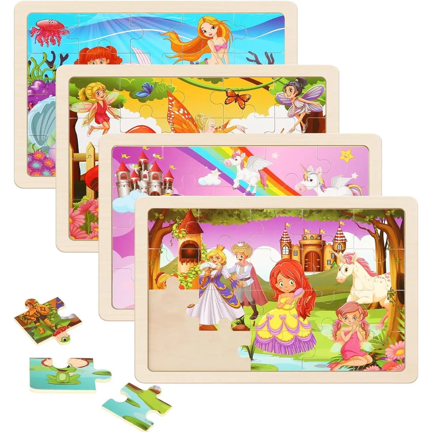 Wooden Puzzles Toys for Kids Ages 3-5, Set of 4 Packs with 20-Piece Unicorn Mermaid Princess Wood Jigsaw Puzzles, Preschool Educational Brain Teaser Toys for Girls 3 4 5 6 Years Old.