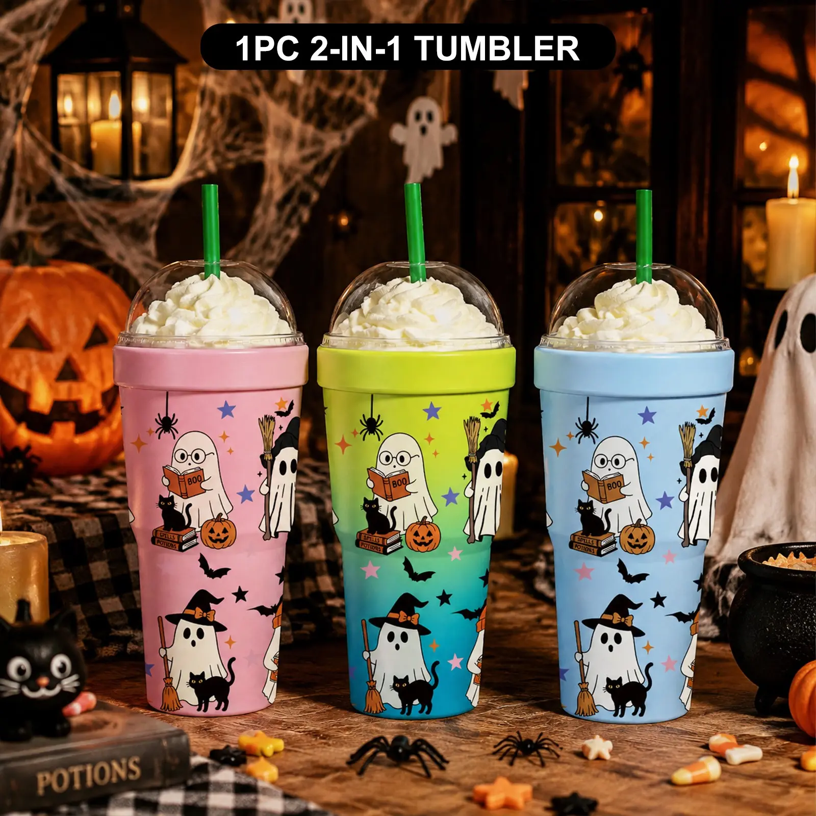 1 PC Cute Reading Ghost Print 2-in-1 Insulated Tumbler & Iced Coffee Cup Sleeve, Leakproof Double Wall Vacuum Stainless Steel Travel Mug, Keeps Cold 12+H & Hot 6+H, Fits 16-24oz To-Go Cups, Ideal Gift for Friends & Family, Halloween & Christmas