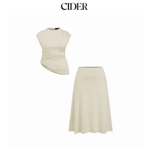 Cider Mock Neck Ruched Asymmetrical Hem Top & Mid Rise A-line Maxi Skirt Set Curve & Plus