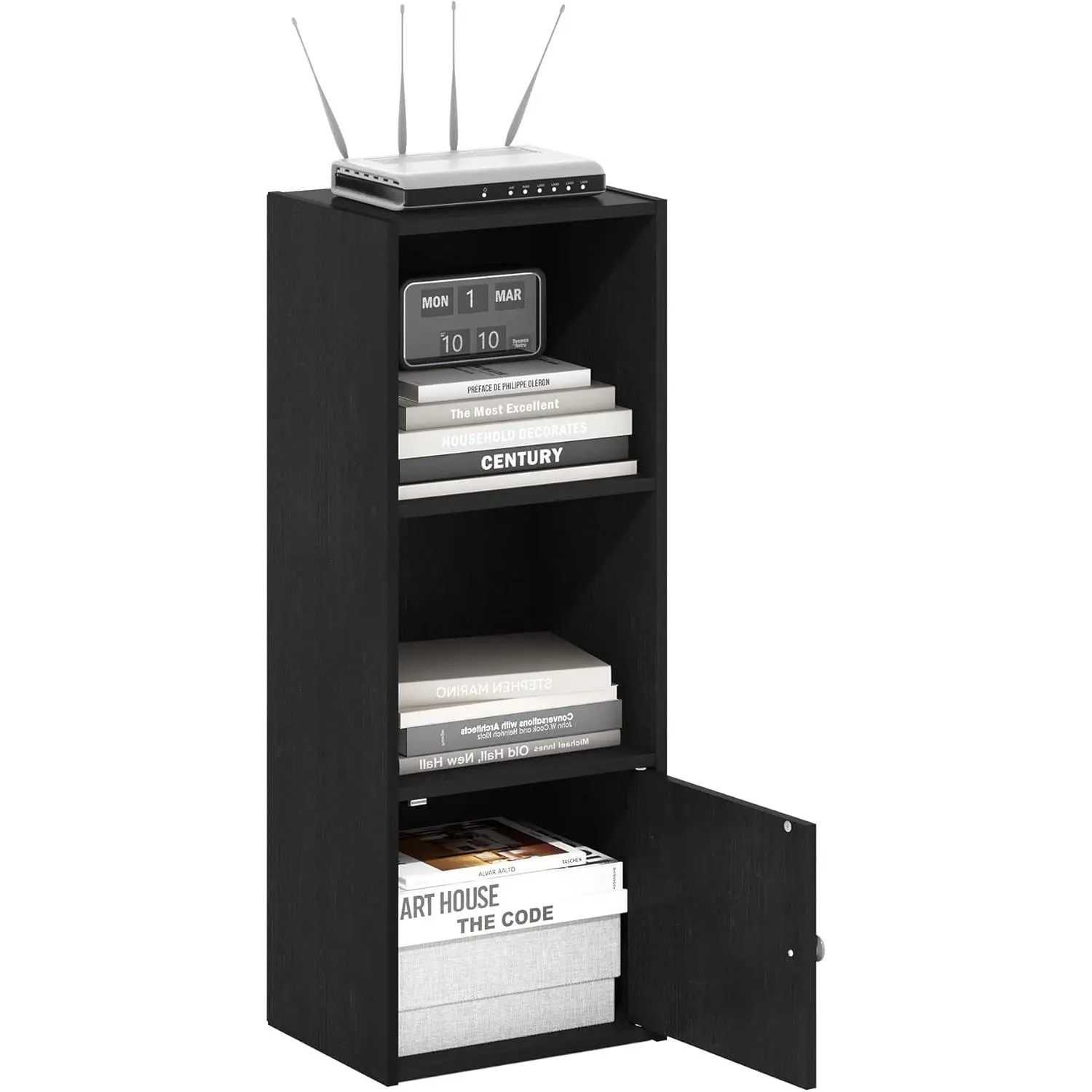 LUDER 3-Tier Multi-Level Compact Bookcase, Single Unit Wood Finish Home Organizer with 1 Door Storage Cabinet, 9.3x12x31.5in, for Living Room, Home Office, BlackwoodGift