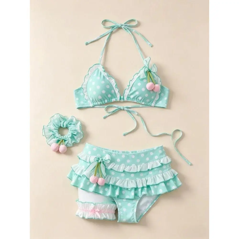 Women's 2026 New Japanese Sweet Cherry Patchwork Bikini Set - Sexy Polka Dot Print Bodycon Swimwear for Beach, Vacation Pool Party (Spring-Summer)