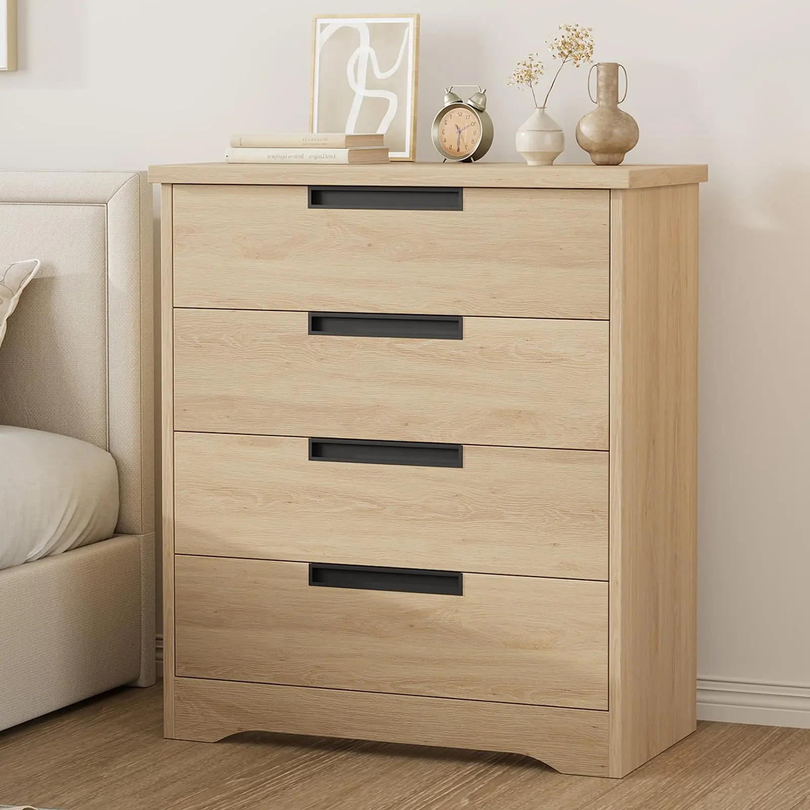 4-Drawer Tall Freestanding MDF Wood Dresser - Rectangular Bedroom Storage Cabinet with Modern Recessed Handles, Smooth Sliding Drawers, Anti-Tip Base, Versatile for Living Room Use