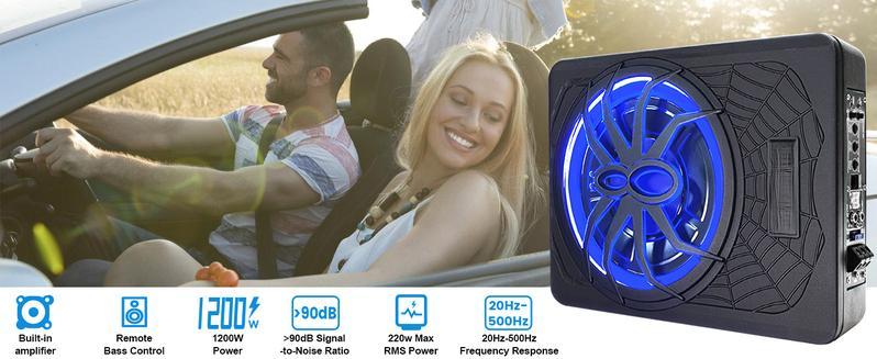 SUNDAY MIRTH 2025 Upgraded 10 Inch 1200W Slim Car Subwoofer with LED LightsAudio Sub Built in Amplifier Outstanding Heat Dissipation, Powerful Bass for Passion Dr1200W 10inch Slim Under Seat Powered Car Subwoofer